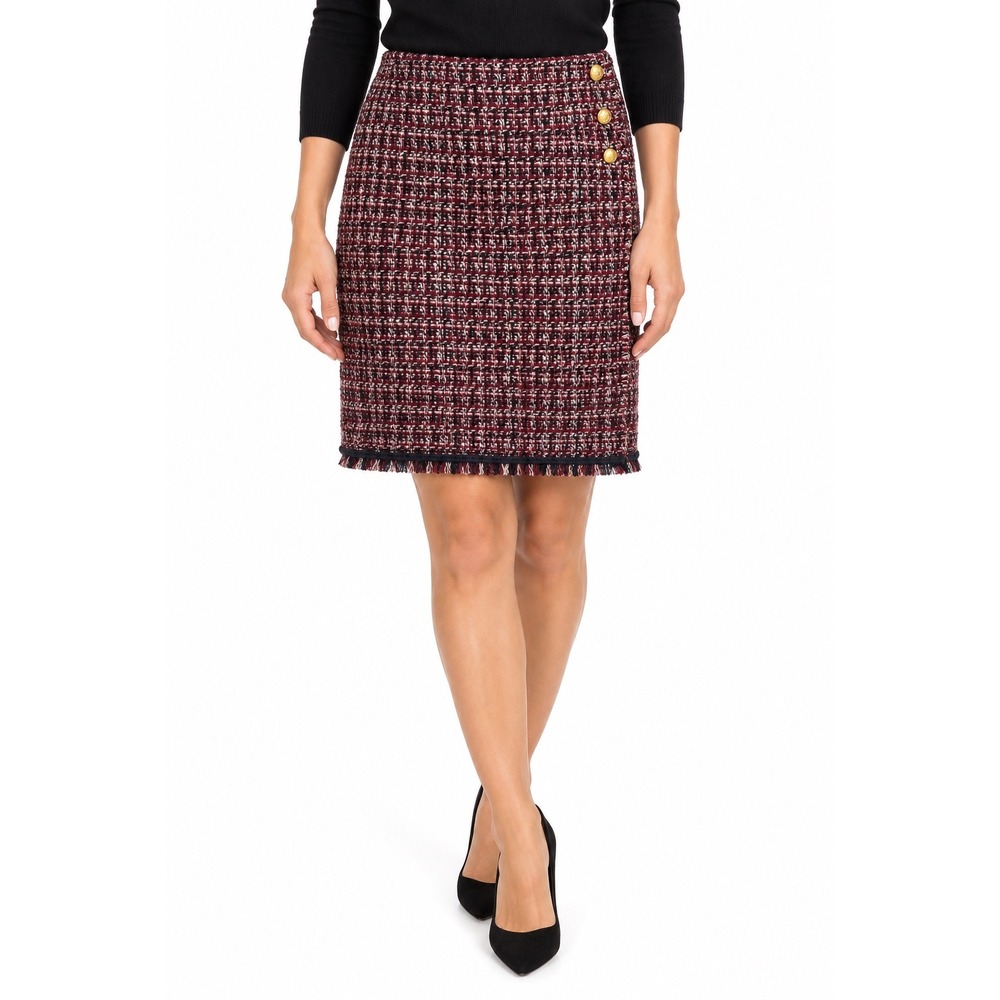 Talbots Petites Burgundy Tweed Faux Wrap Pencil Skirt Gold Crest Buttons 6P